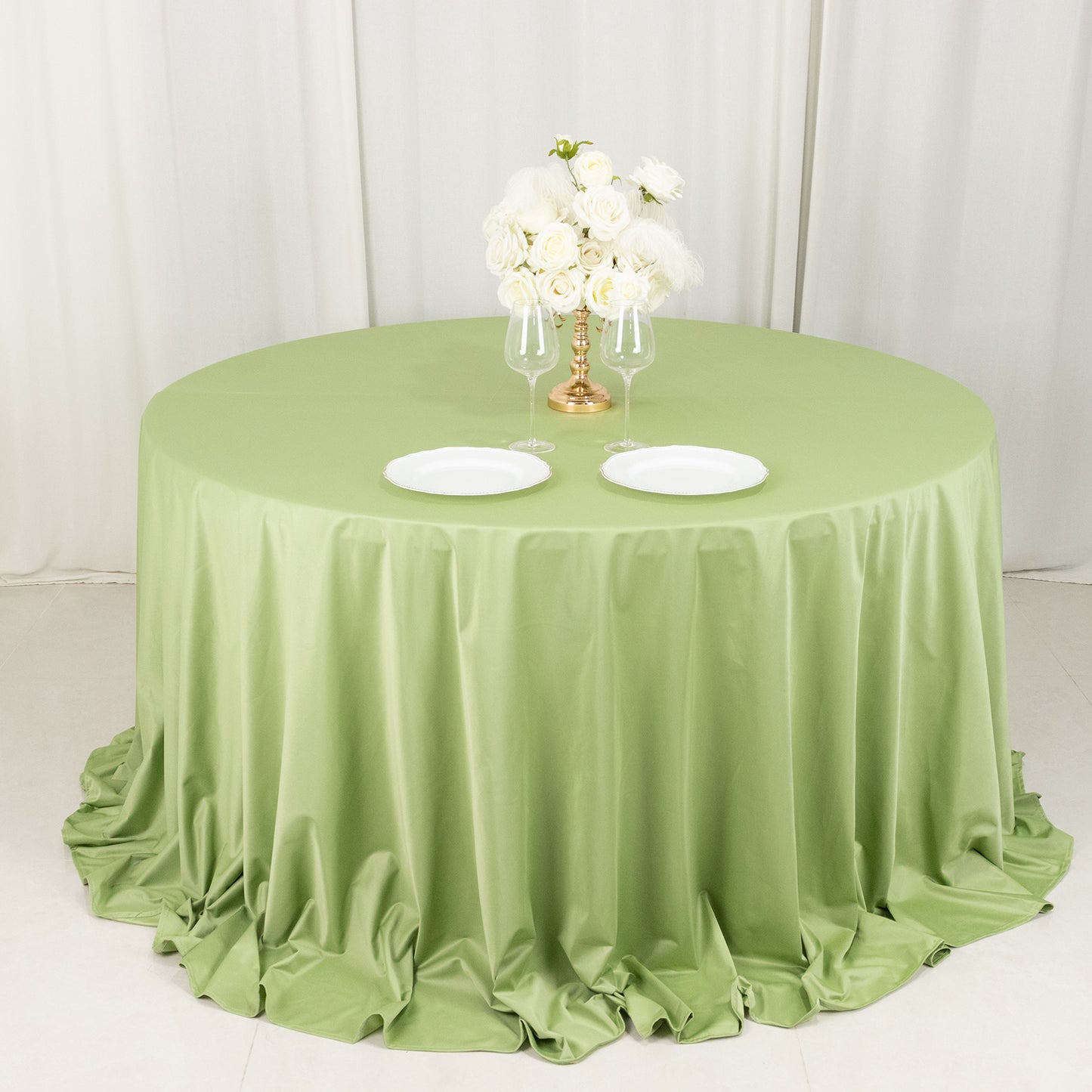 132" Sage Green Premium Scuba Wrinkle Free Round Tablecloth, Seamless Scuba Polyester Tablecloth