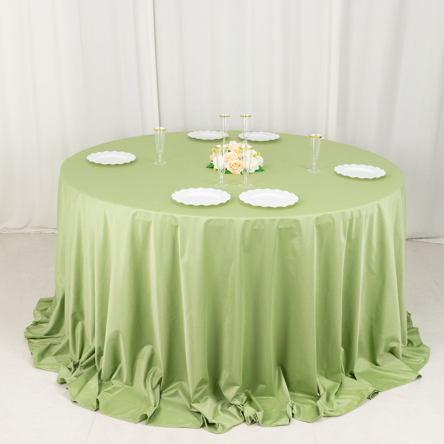 132" Sage Green Premium Scuba Wrinkle Free Round Tablecloth, Seamless Scuba Polyester Tablecloth