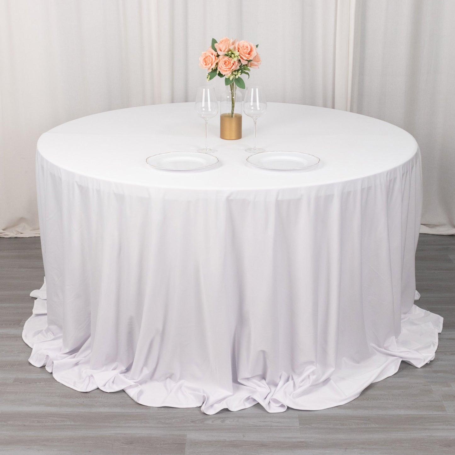 132" White Scuba Wrinkle Free Round Tablecloth, Seamless Scuba Polyester Tablecloth
