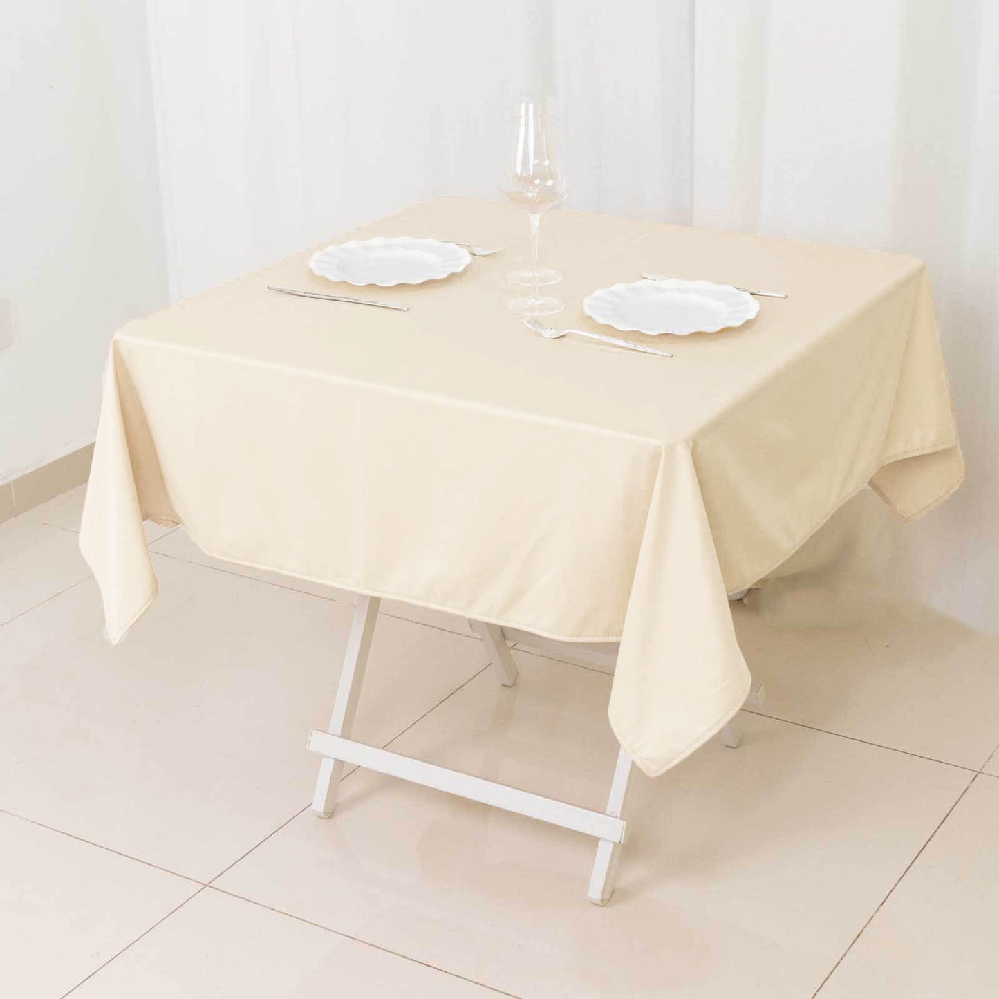 54" Beige Premium Scuba Wrinkle Free Square Tablecloth, Scuba Polyester Tablecloth