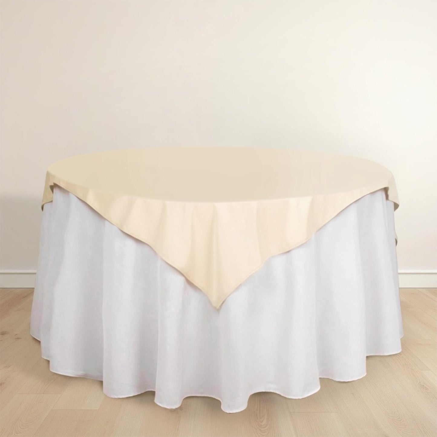 54" Beige Scuba Wrinkle Free Square Table Overlay, Scuba Polyester Table Topper