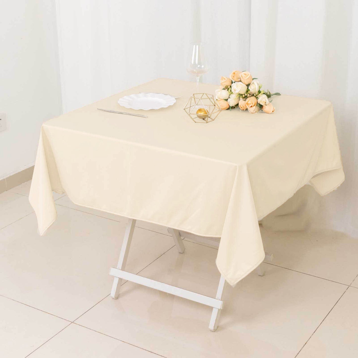 54" Beige Premium Scuba Wrinkle Free Square Tablecloth, Scuba Polyester Tablecloth