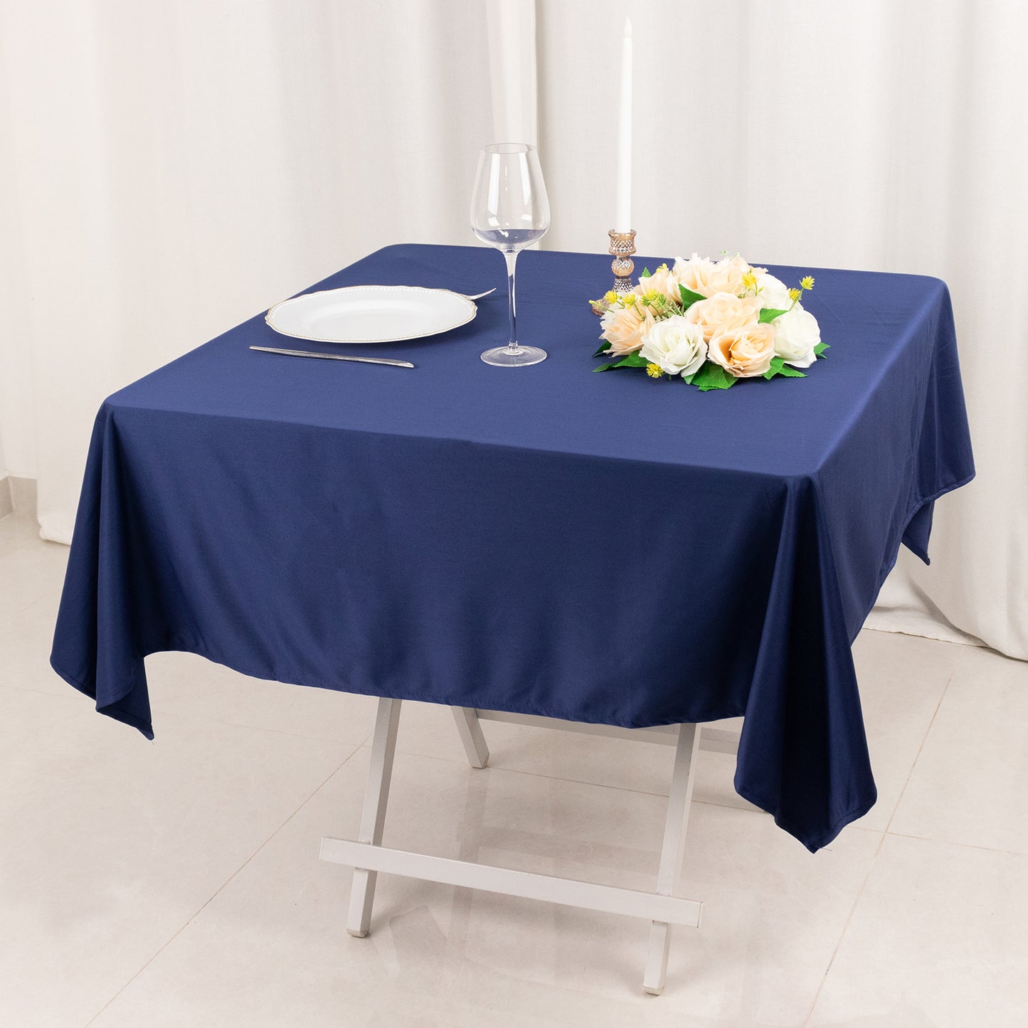 54" Navy Blue Premium Scuba Wrinkle Free Square Tablecloth, Scuba Polyester Tablecloth