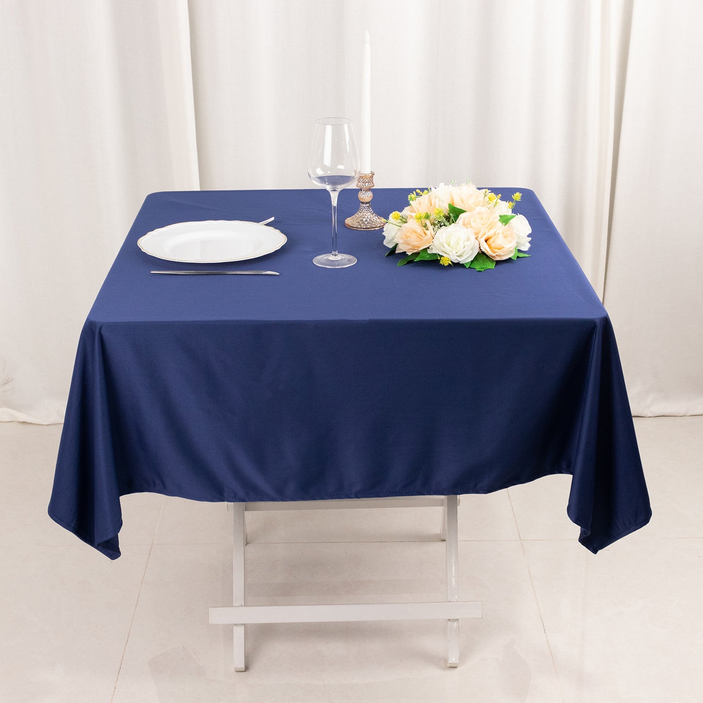 54" Navy Blue Premium Scuba Wrinkle Free Square Tablecloth, Scuba Polyester Tablecloth