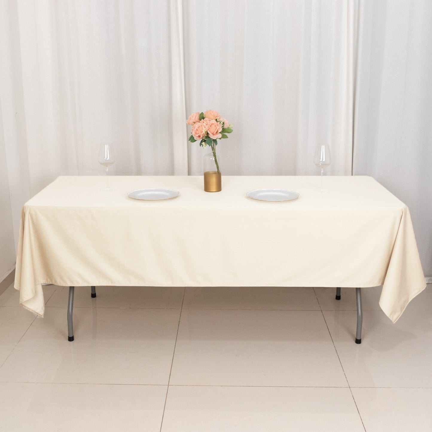 60"x102" Beige Premium Scuba Wrinkle Free Rectangular Tablecloth, Scuba Polyester Tablecloth