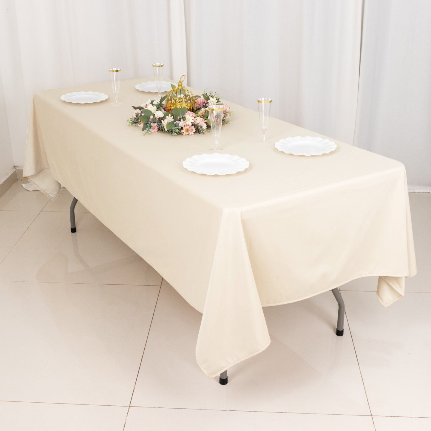 60"x102" Beige Premium Scuba Wrinkle Free Rectangular Tablecloth, Scuba Polyester Tablecloth