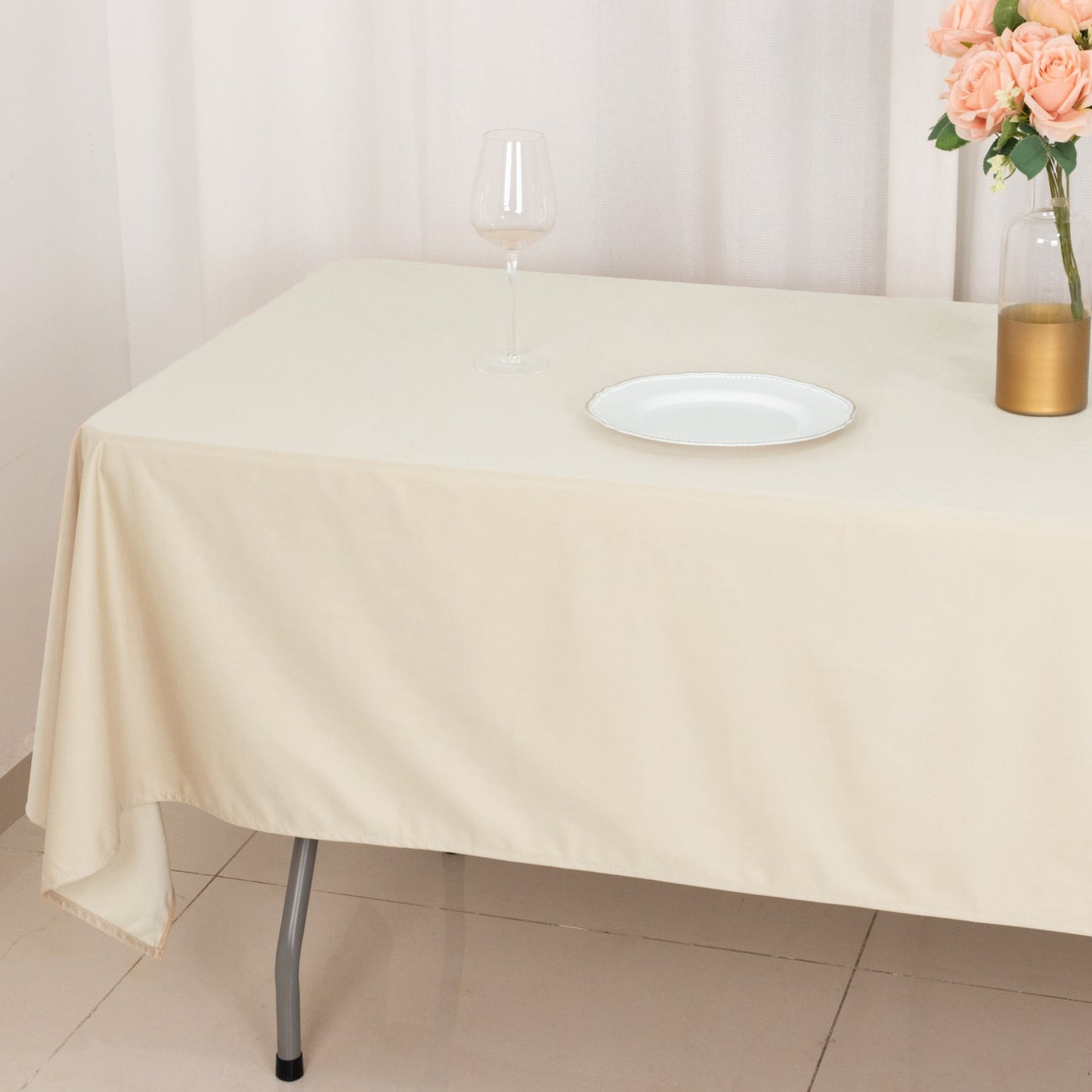 60"x102" Beige Premium Scuba Wrinkle Free Rectangular Tablecloth, Scuba Polyester Tablecloth