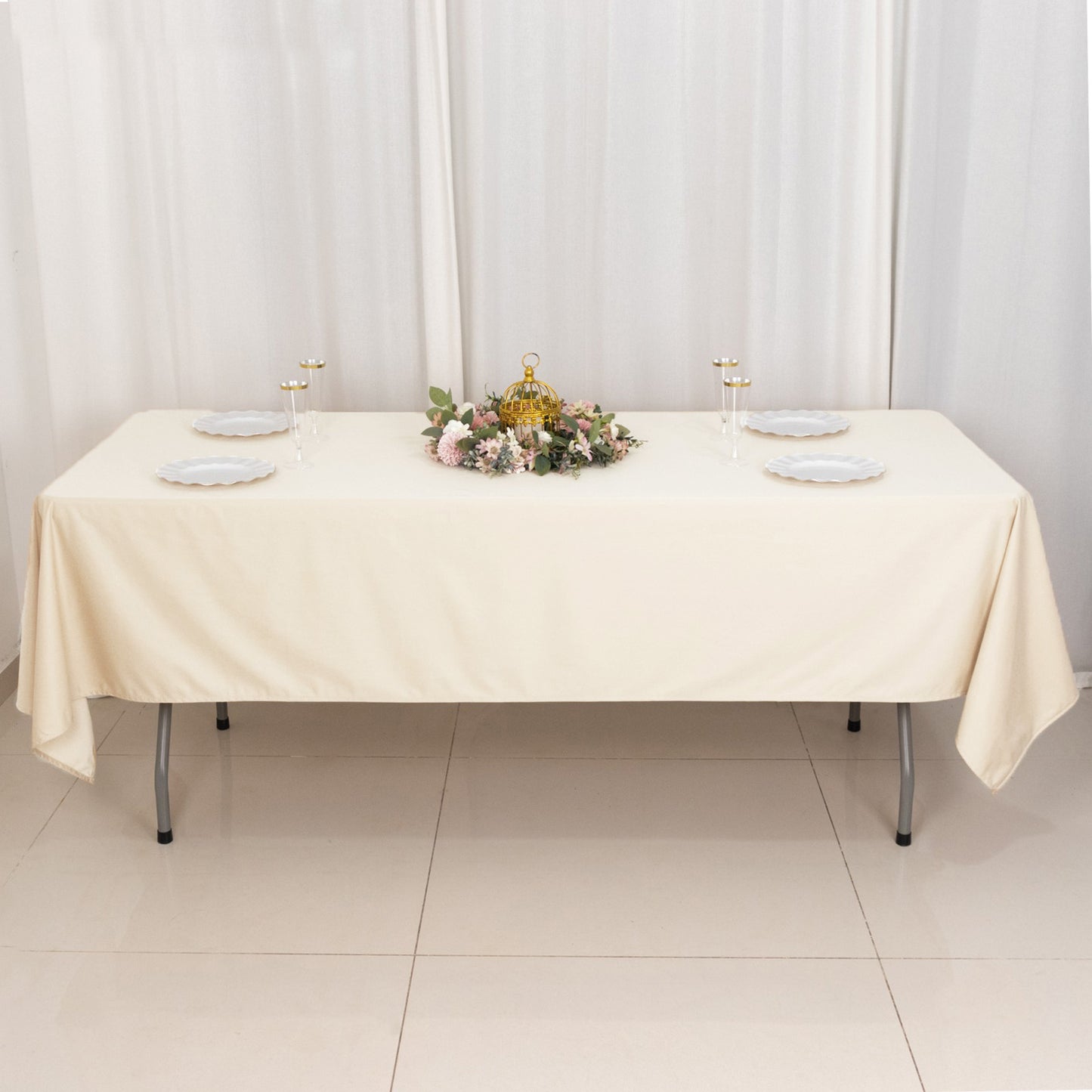 60"x102" Beige Premium Scuba Wrinkle Free Rectangular Tablecloth, Scuba Polyester Tablecloth