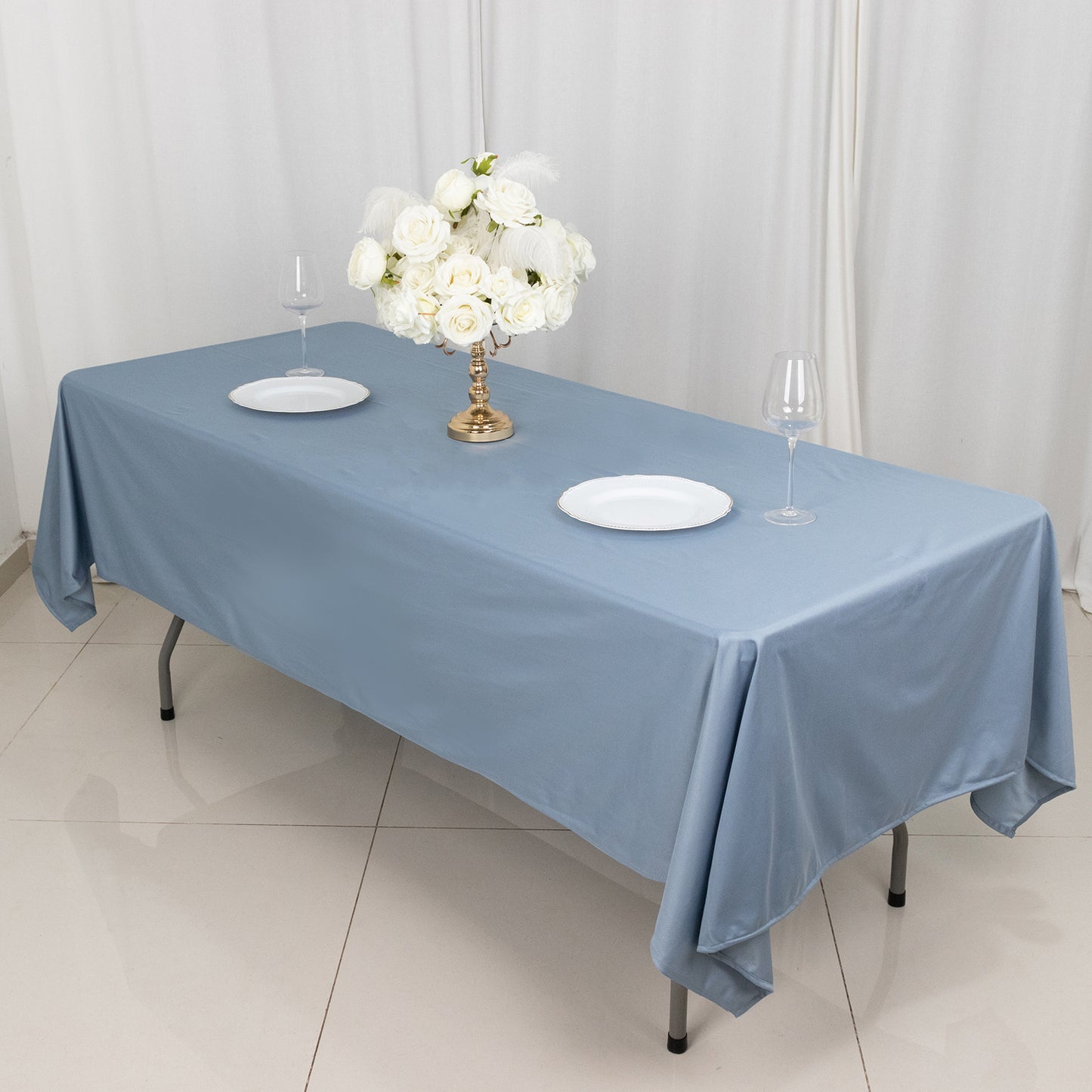 60"x102" Dusty Blue Premium Scuba Wrinkle Free Rectangular Tablecloth, Scuba Polyester Tablecloth