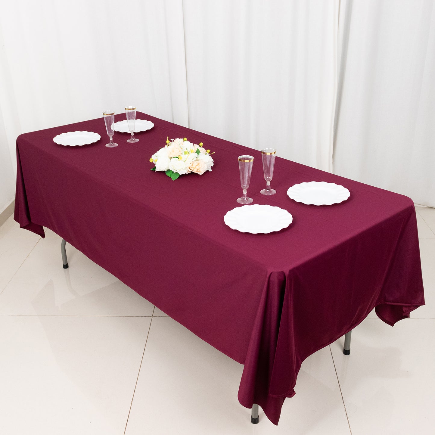 60"x102" Burgundy Premium Scuba Wrinkle Free Rectangular Tablecloth, Scuba Polyester Tablecloth