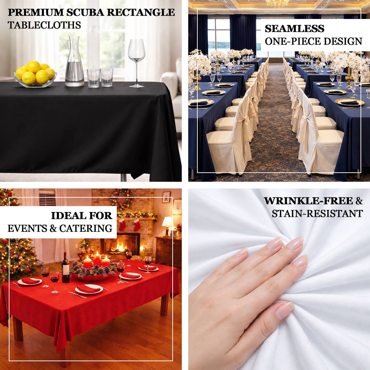 Black scuba rectangular tablecloth for events and catering.