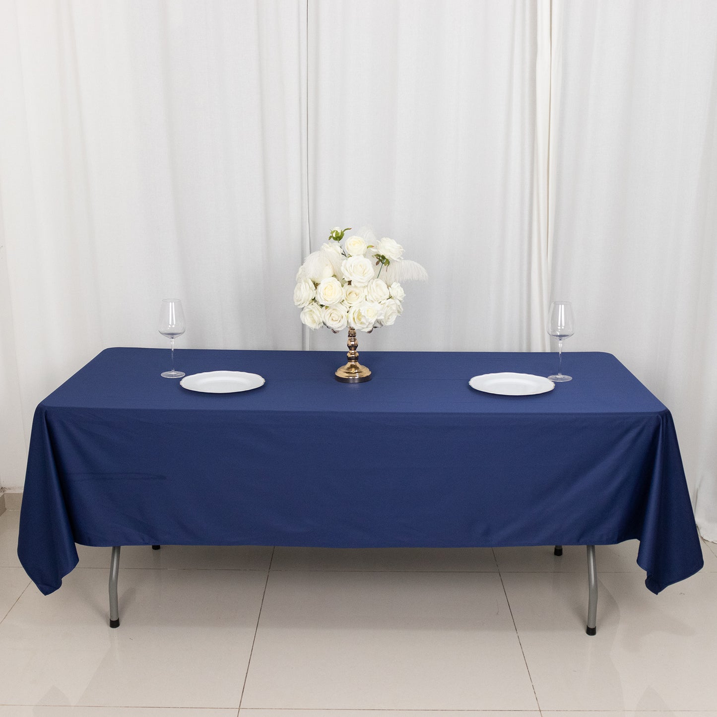 60"x102" Navy Blue Scuba Wrinkle Free Rectangular Tablecloth, Scuba Polyester Tablecloth