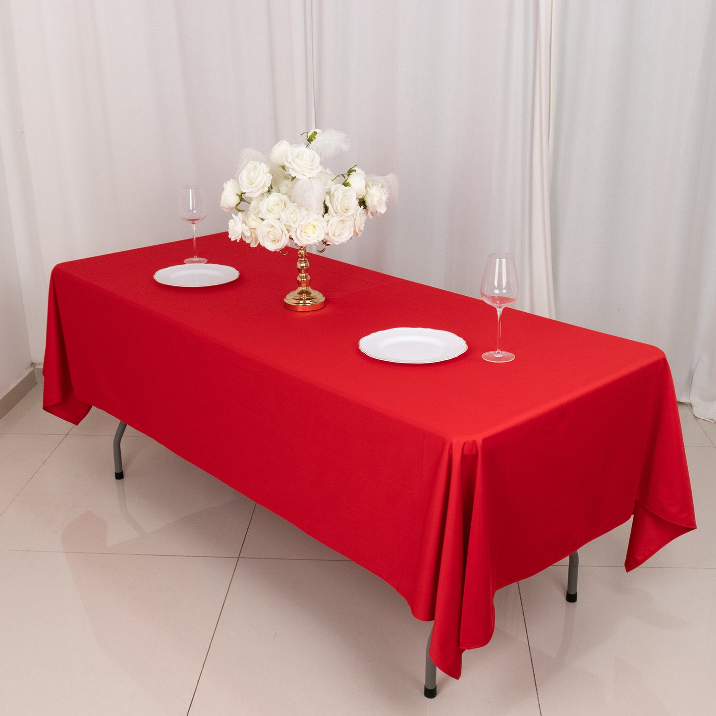 60"x102" Red Premium Scuba Wrinkle Free Rectangular Tablecloth, Scuba Polyester Tablecloth