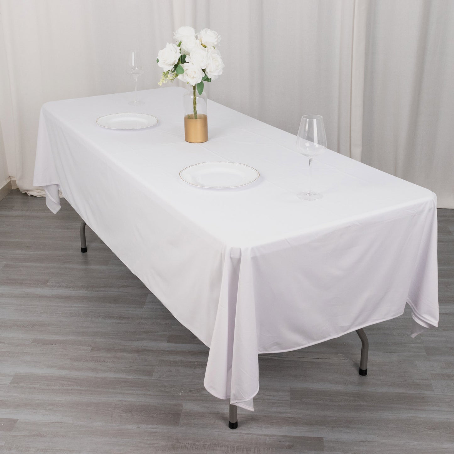 60"x102" White Premium Scuba Wrinkle Free Rectangular Tablecloth, Scuba Polyester Tablecloth