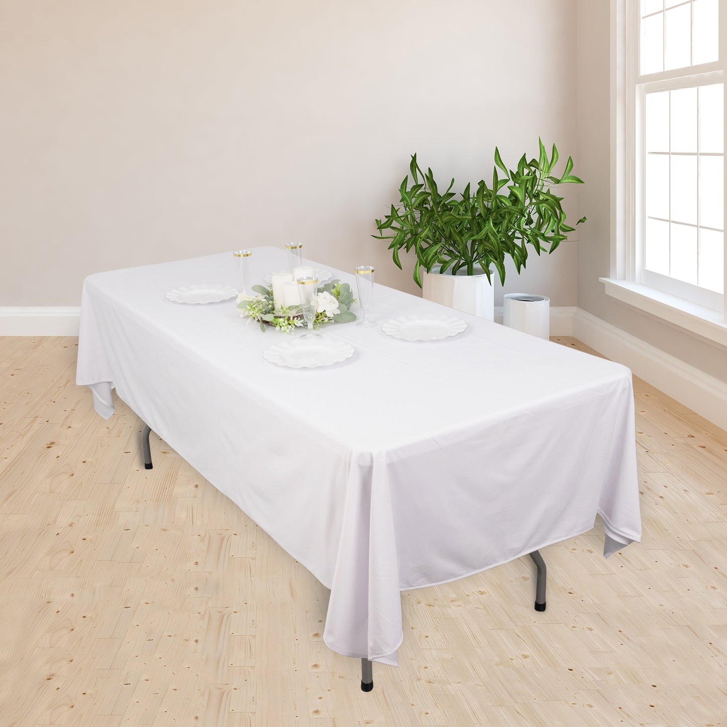 60"x102" White Premium Scuba Wrinkle Free Rectangular Tablecloth, Scuba Polyester Tablecloth