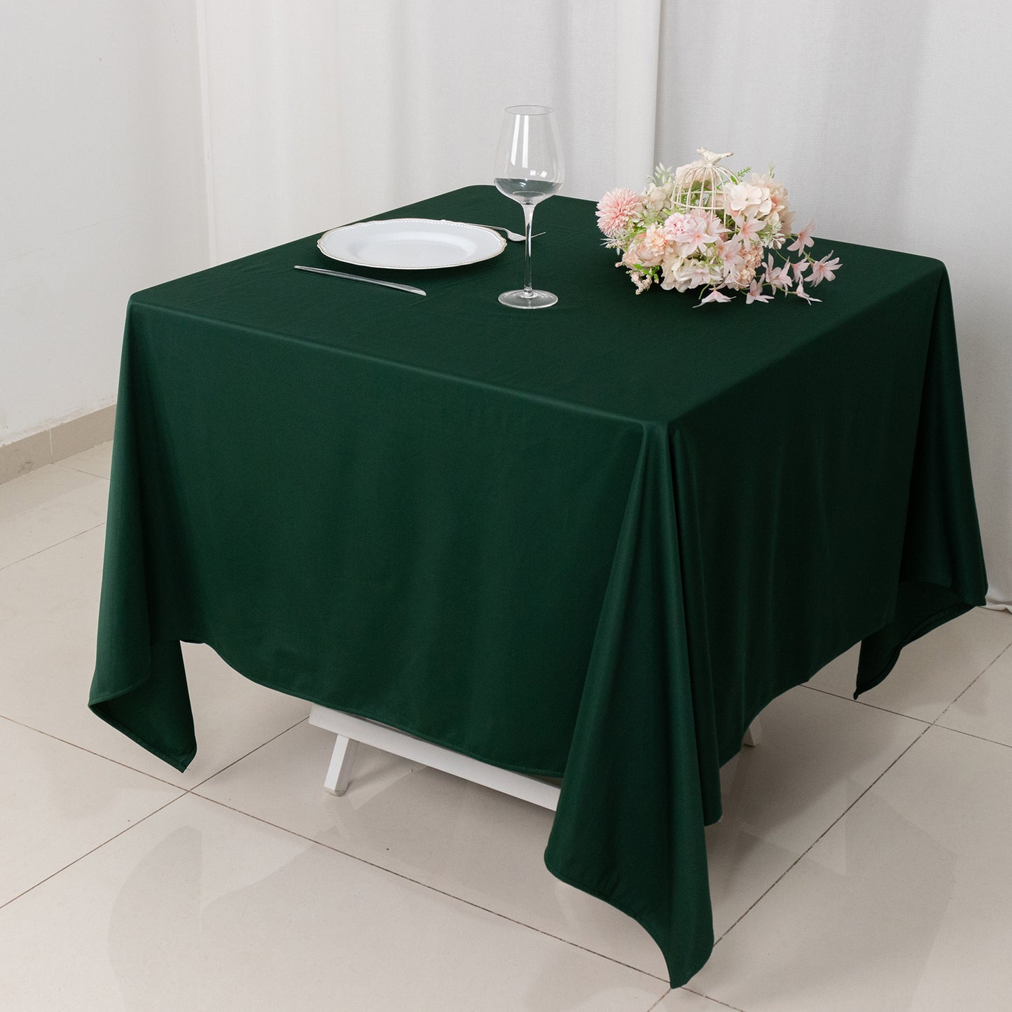 70" Hunter Emerald Green Premium Scuba Wrinkle Free Square Tablecloth, Scuba Polyester Tablecloth