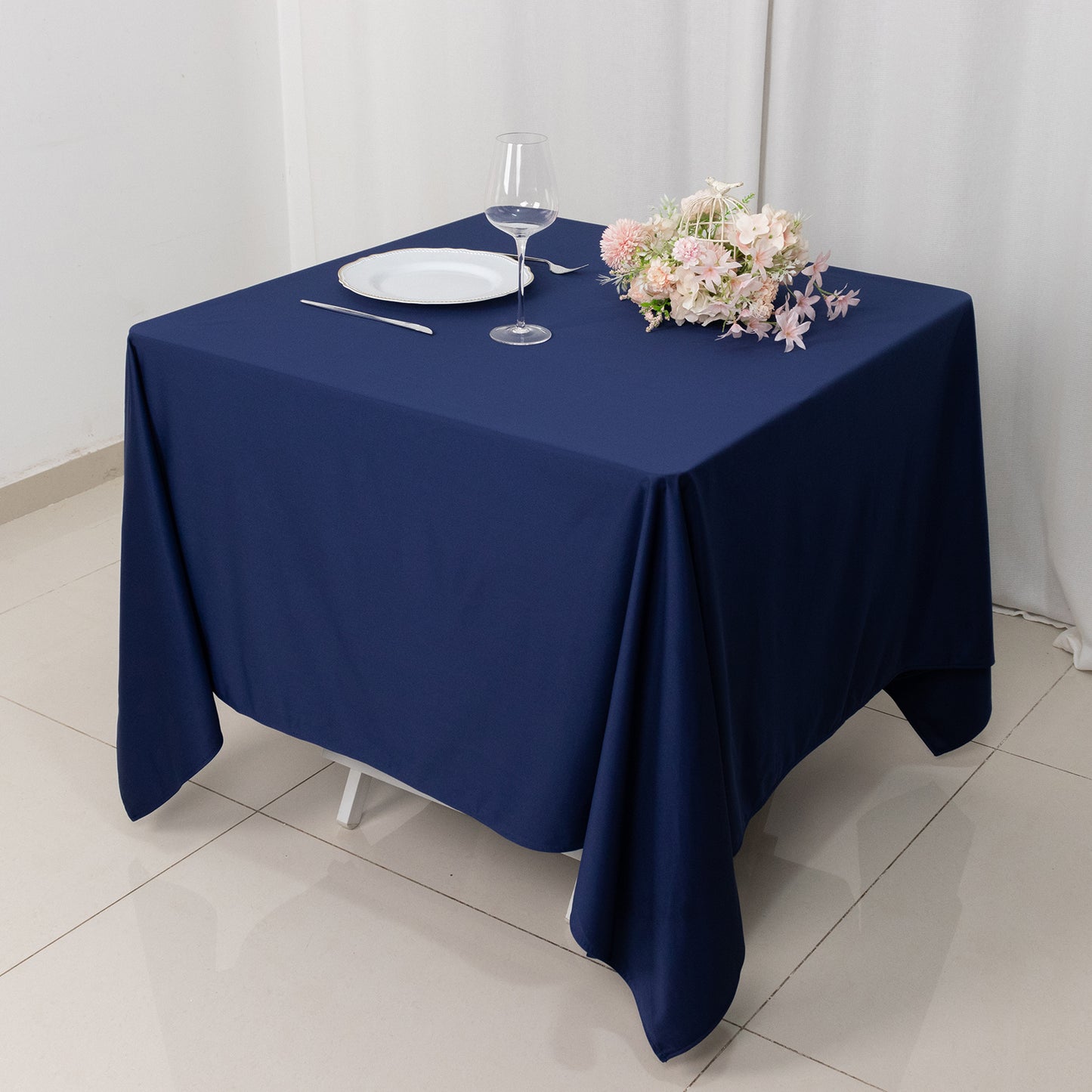 70" Navy Blue Premium Scuba Wrinkle Free Square Tablecloth, Scuba Polyester Tablecloth