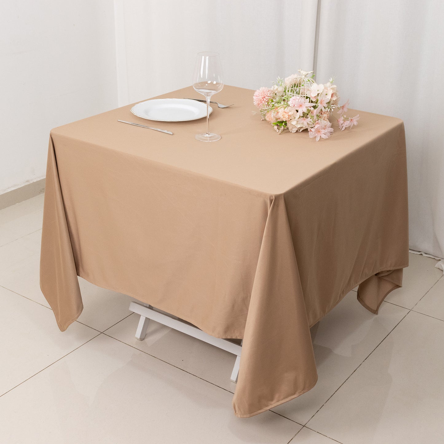 70" Nude Scuba Wrinkle Free Square Tablecloth, Scuba Polyester Tablecloth
