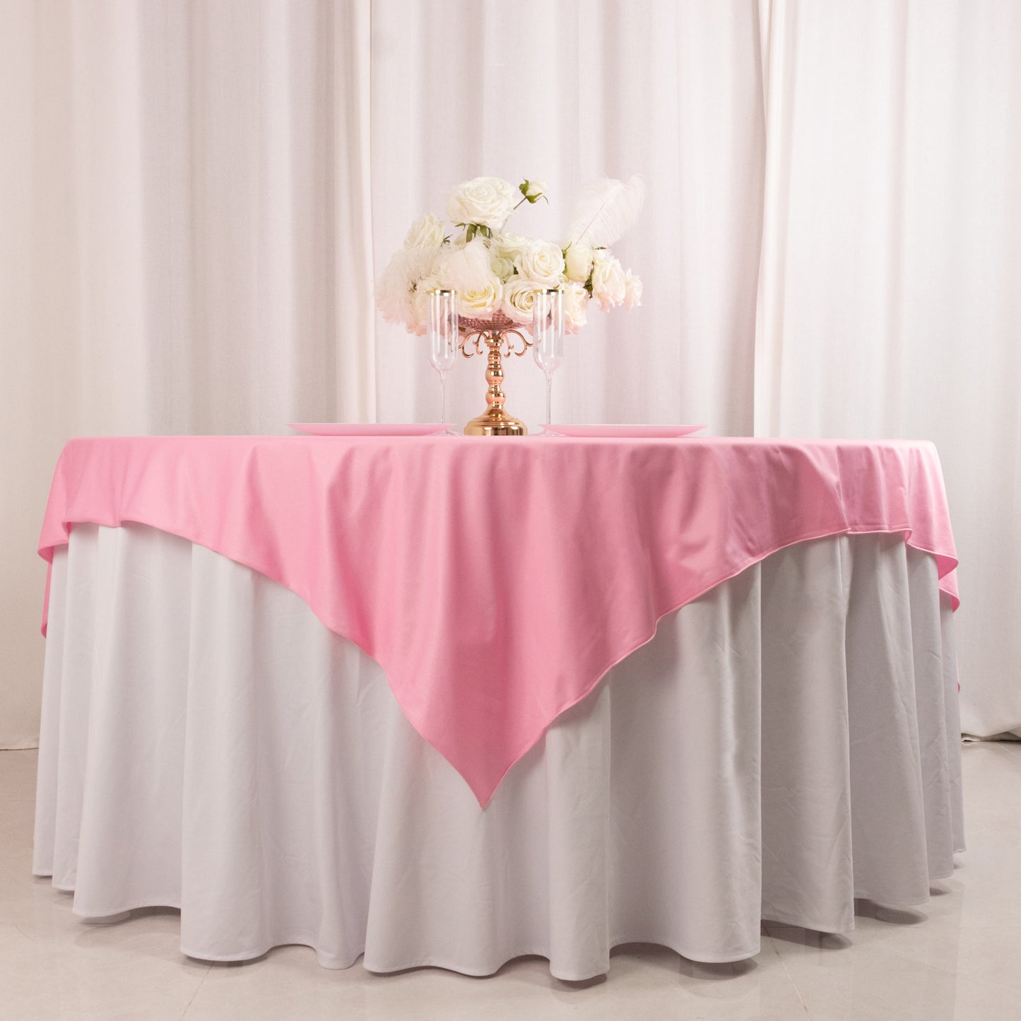 70" Pink Premium Scuba Wrinkle Free Square Table Overlay, Scuba Polyester Table Topper