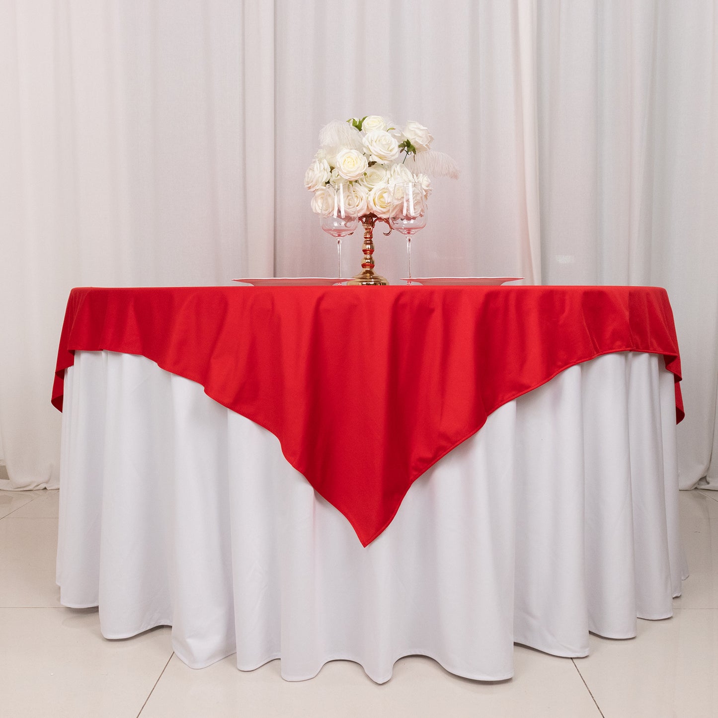 70" Red Premium Scuba Wrinkle Free Square Table Overlay, Scuba Polyester Table Topper