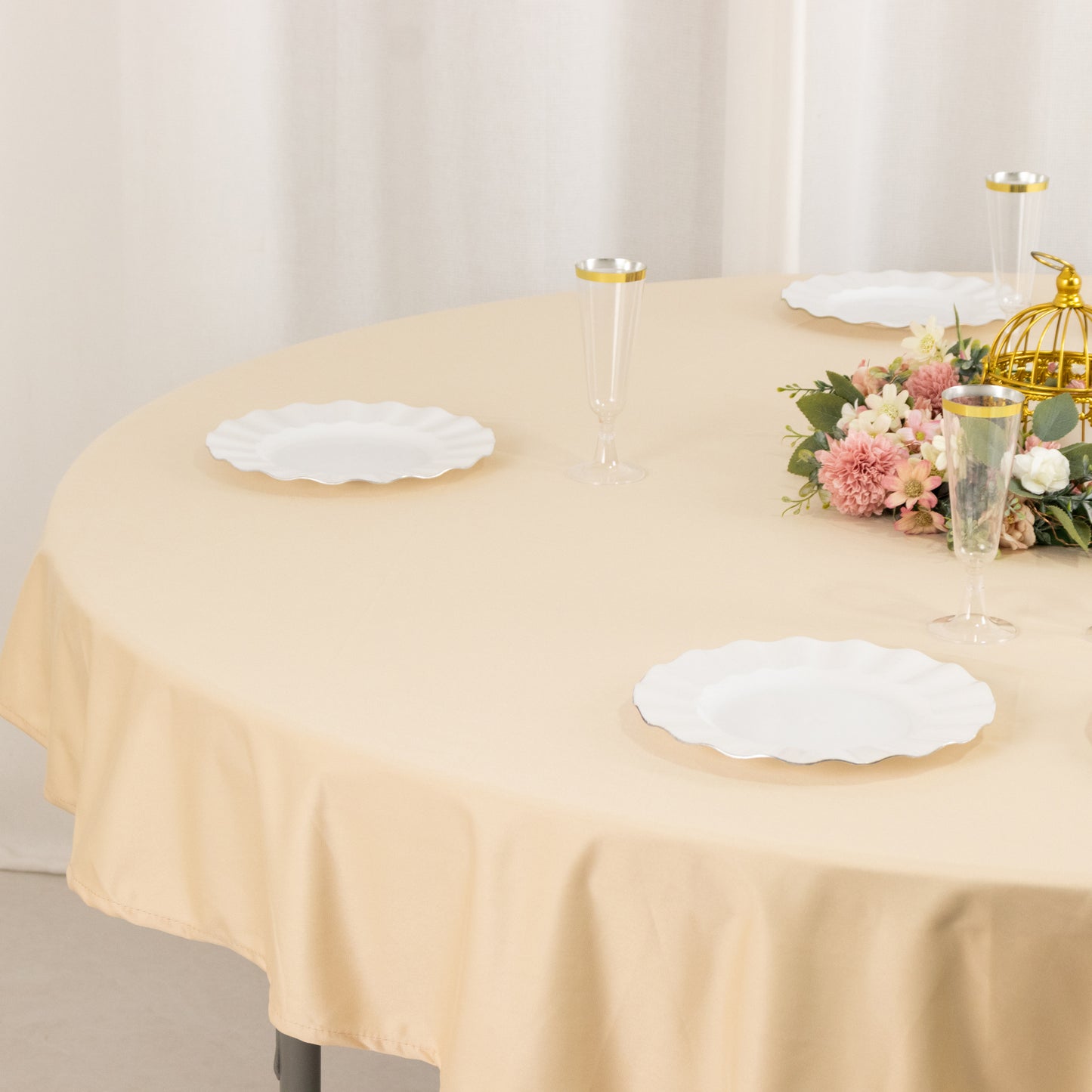 70" Beige Premium Scuba Wrinkle Free Round Tablecloth, Scuba Polyester Tablecloth