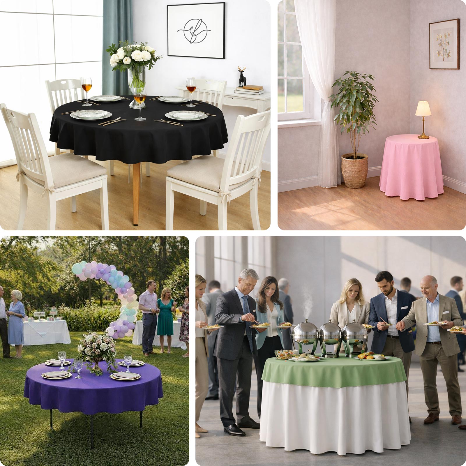 Navy blue round tablecloth on a dining table, perfect for elegant settings.