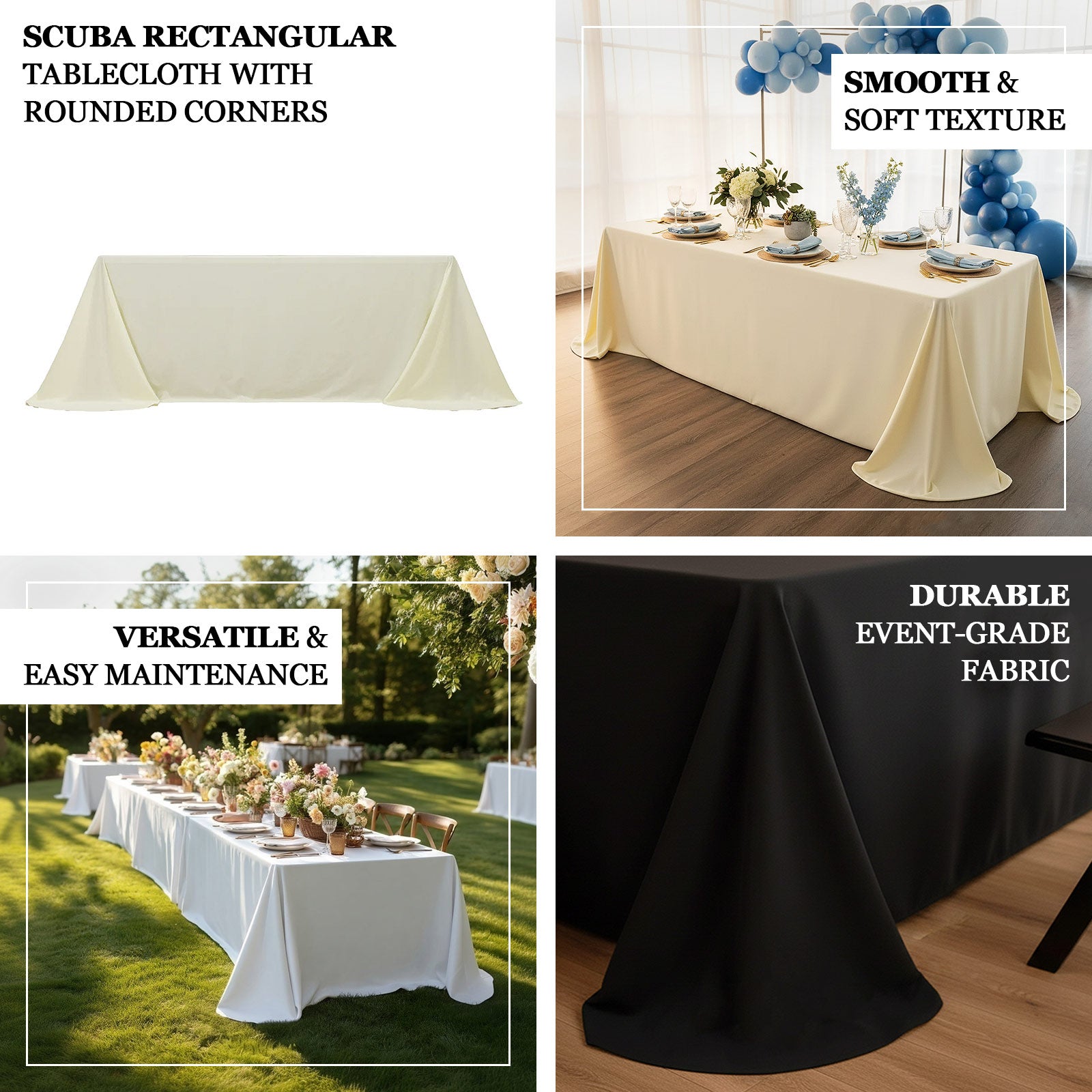 Scuba Rectangular 90"x156" Tablecloth with Rounded Corners – Seamless, Wrinkle Free & Stain Resistant Table Cover