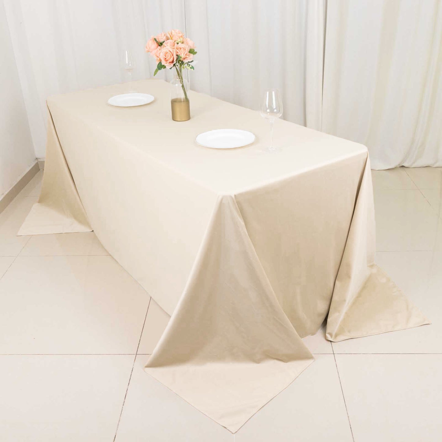 90"x132" Beige Premium Scuba Wrinkle Free Rectangular Tablecloth, Seamless Scuba Polyester Tablecloth