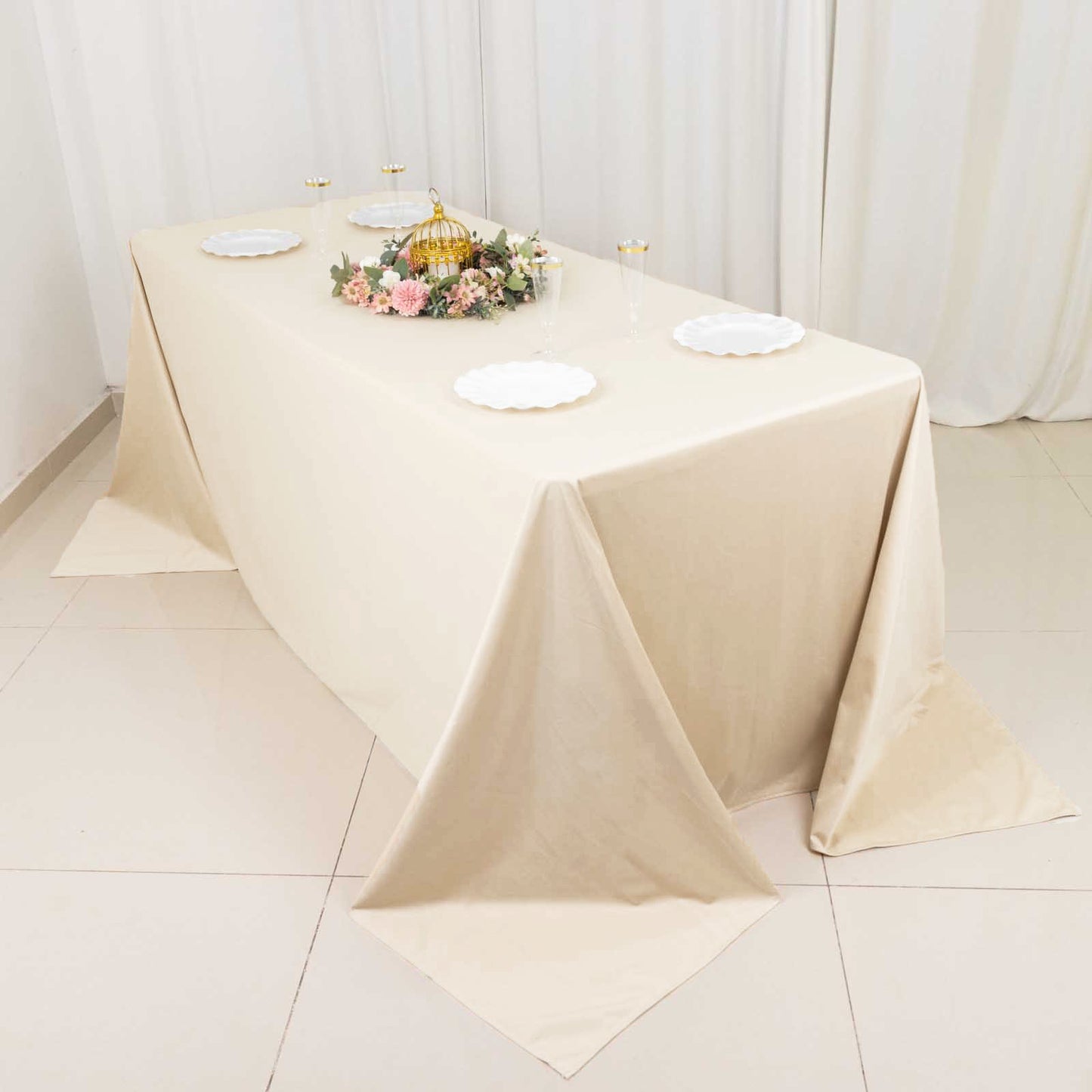 90"x132" Beige Premium Scuba Wrinkle Free Rectangular Tablecloth, Seamless Scuba Polyester Tablecloth