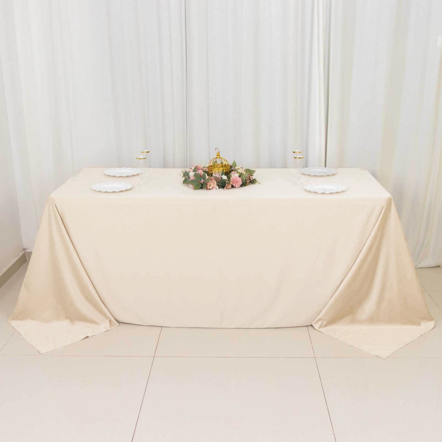 90"x132" Beige Premium Scuba Wrinkle Free Rectangular Tablecloth, Seamless Scuba Polyester Tablecloth