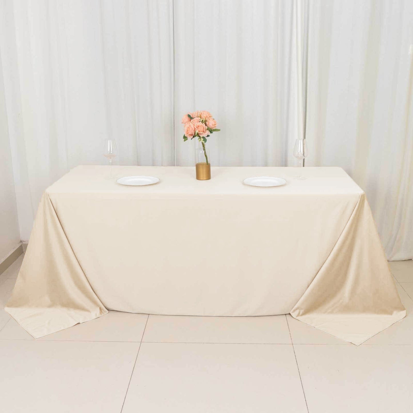 90"x132" Beige Premium Scuba Wrinkle Free Rectangular Tablecloth, Seamless Scuba Polyester Tablecloth