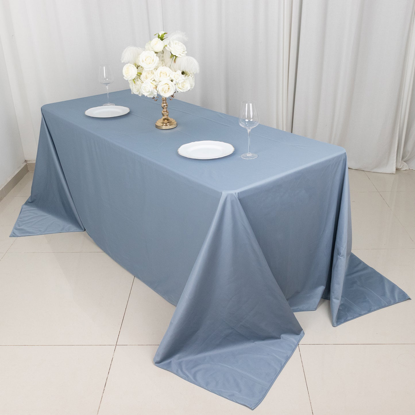 90"x132" Dusty Blue Premium Scuba Wrinkle Free Rectangular Tablecloth, Seamless Scuba Polyester Tablecloth