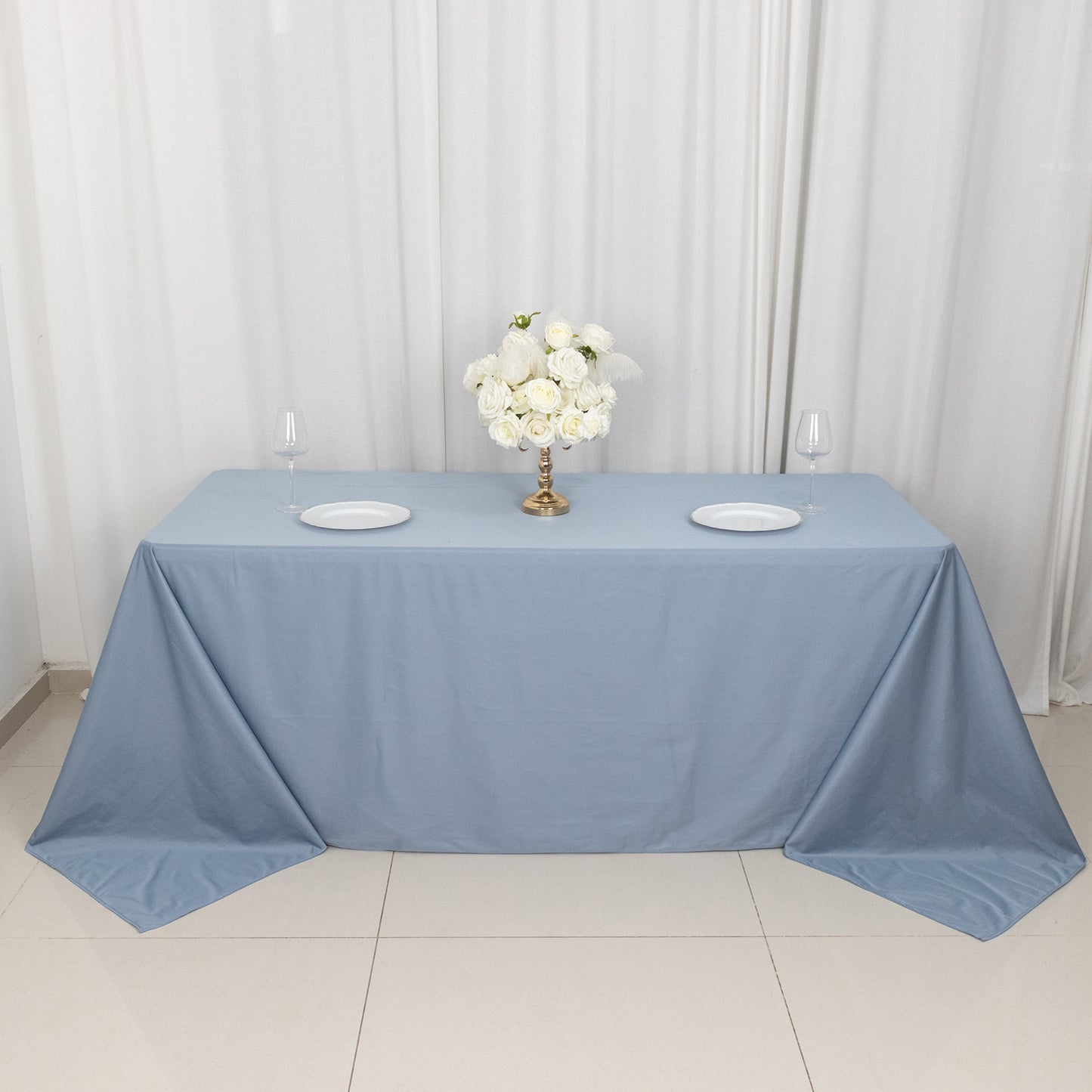 90"x132" Dusty Blue Premium Scuba Wrinkle Free Rectangular Tablecloth, Seamless Scuba Polyester Tablecloth