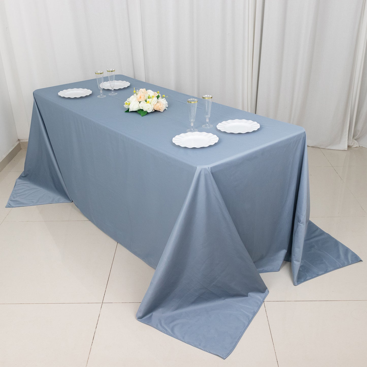 90"x132" Dusty Blue Premium Scuba Wrinkle Free Rectangular Tablecloth, Seamless Scuba Polyester Tablecloth