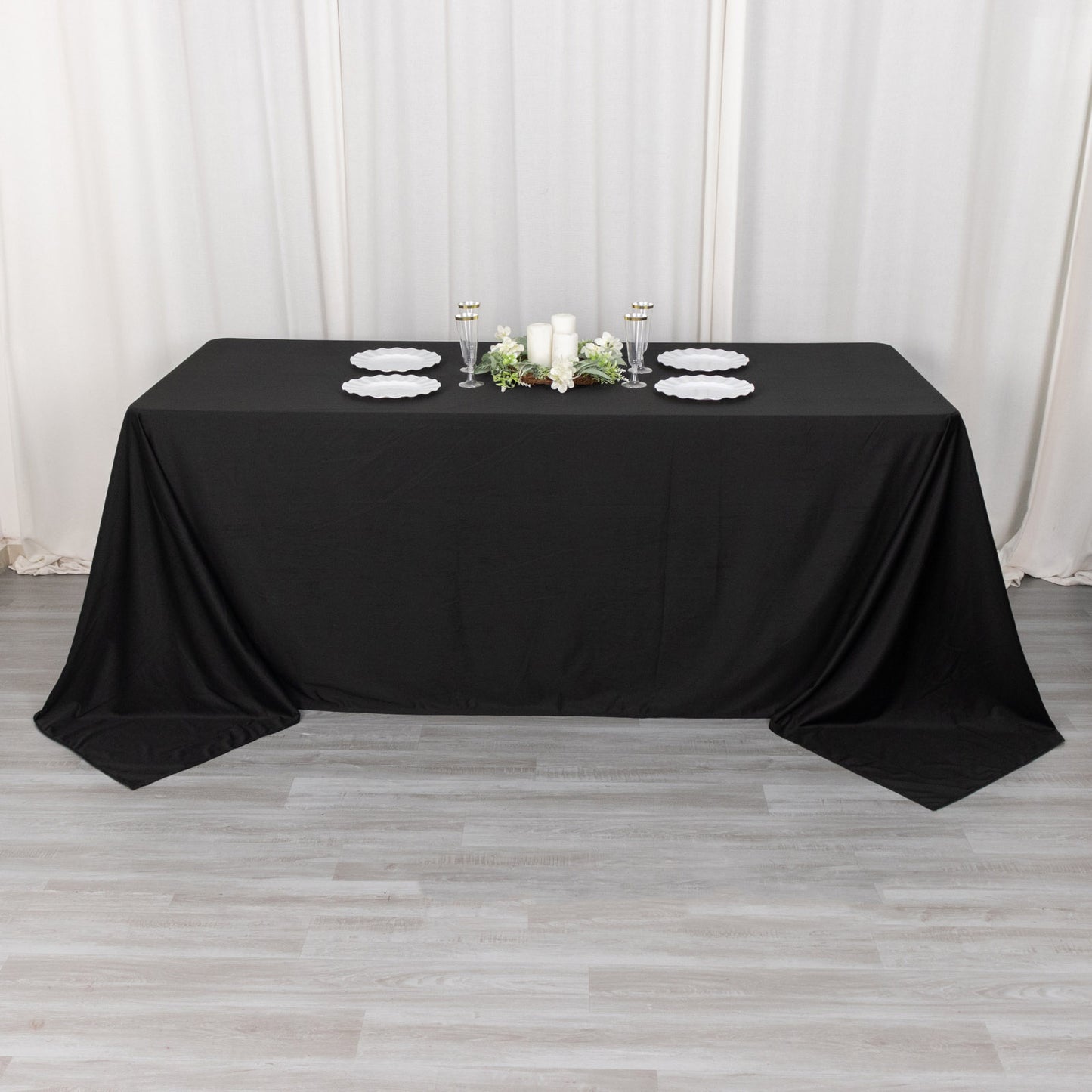 90"x132" Black Scuba Wrinkle Free Rectangular Tablecloth, Seamless Scuba Polyester Tablecloth