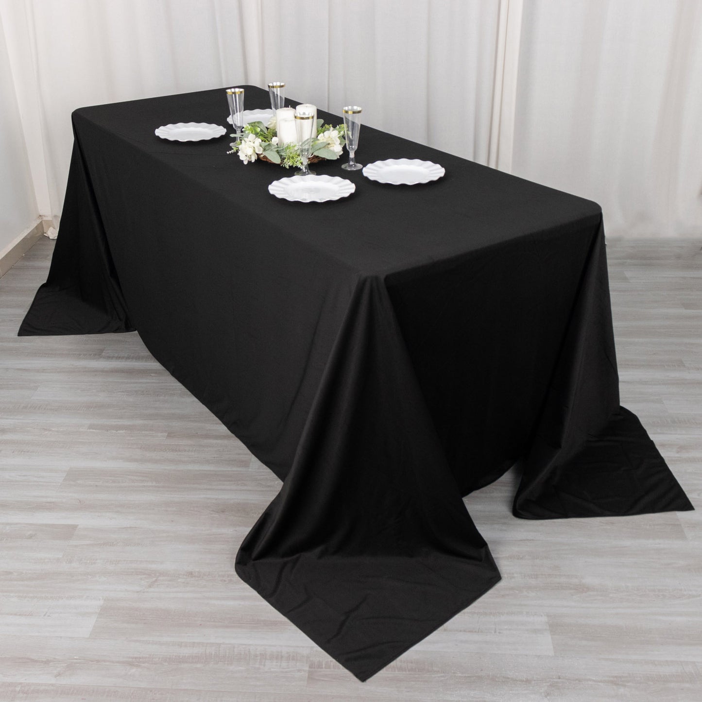 90"x132" Black Scuba Wrinkle Free Rectangular Tablecloth, Seamless Scuba Polyester Tablecloth