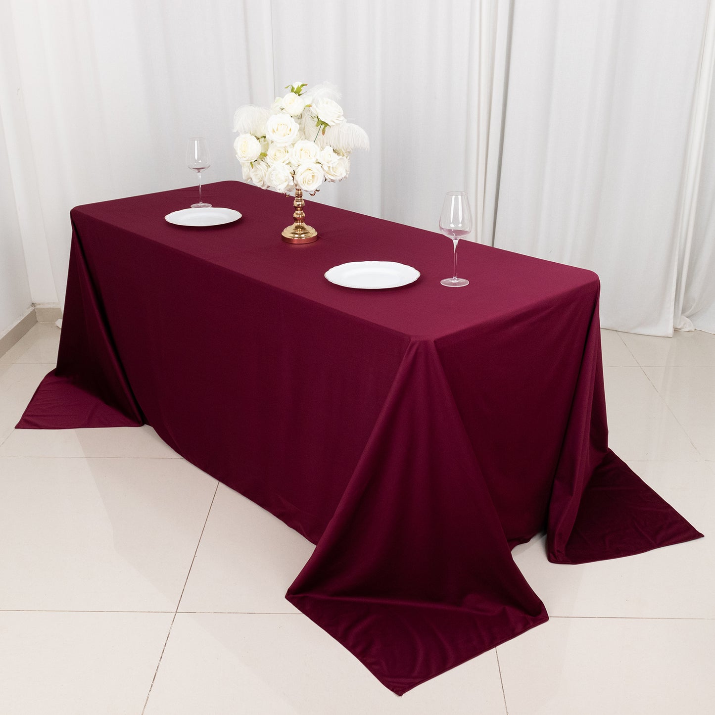 90"x132" Burgundy Premium Scuba Wrinkle Free Rectangular Tablecloth, Seamless Scuba Polyester Tablecloth