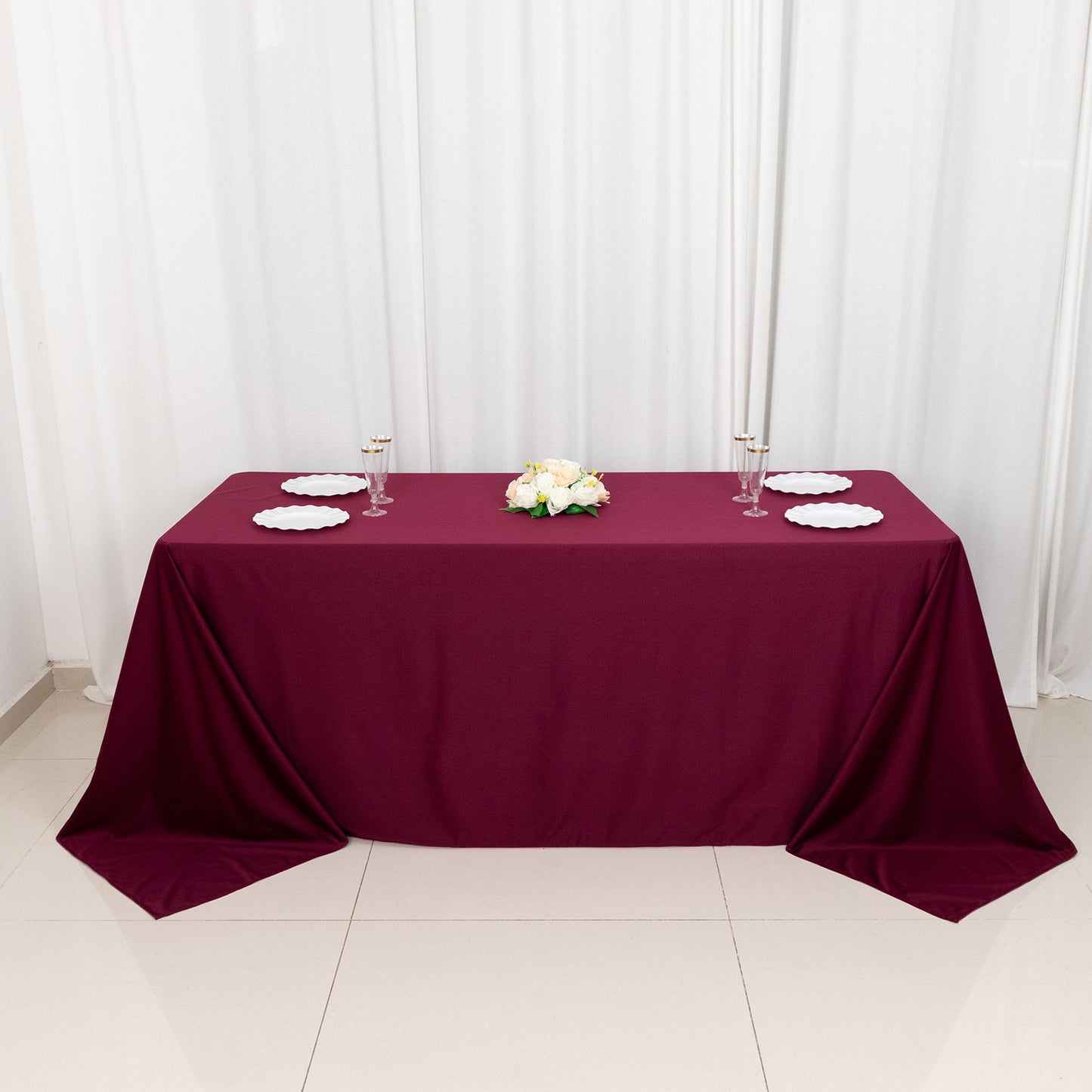 90"x132" Burgundy Premium Scuba Wrinkle Free Rectangular Tablecloth, Seamless Scuba Polyester Tablecloth