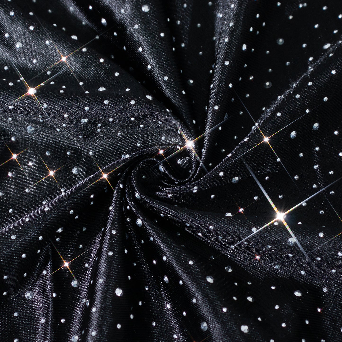 Black rhinestone accent tablecloth, seamless and wrinkle-free for events.