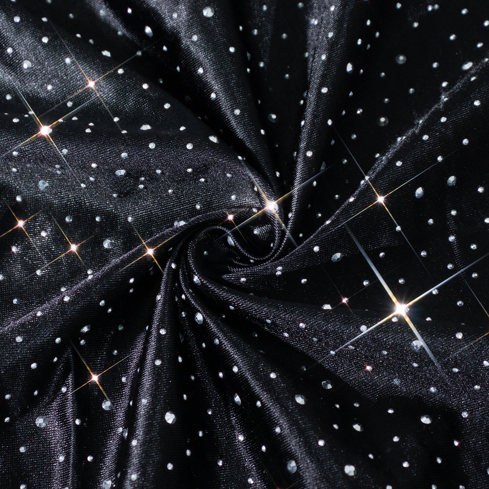 Black rhinestone accent tablecloth, seamless and wrinkle-free for events.