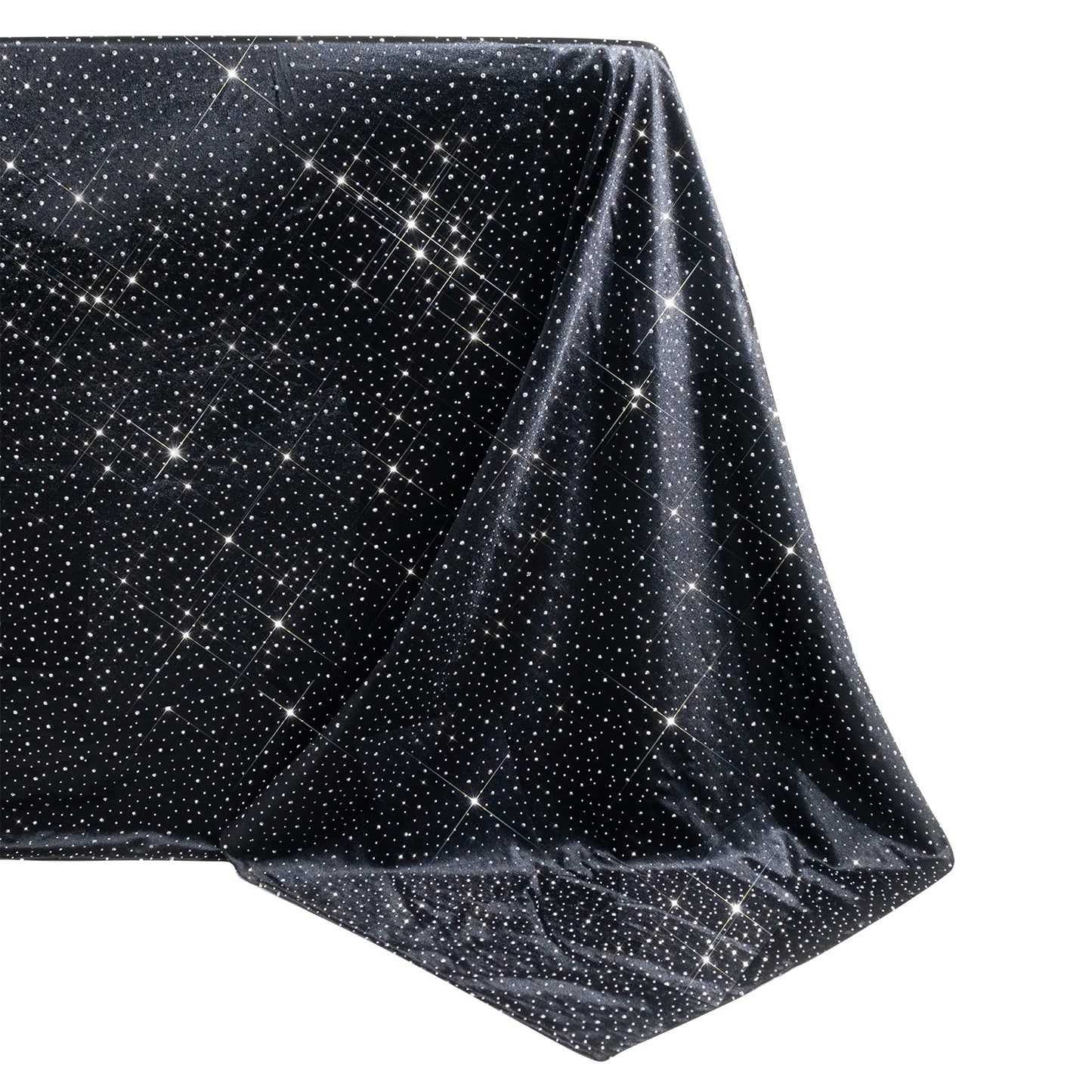 Black rectangular tablecloth with rhinestone accents, seamless and wrinkle-free.