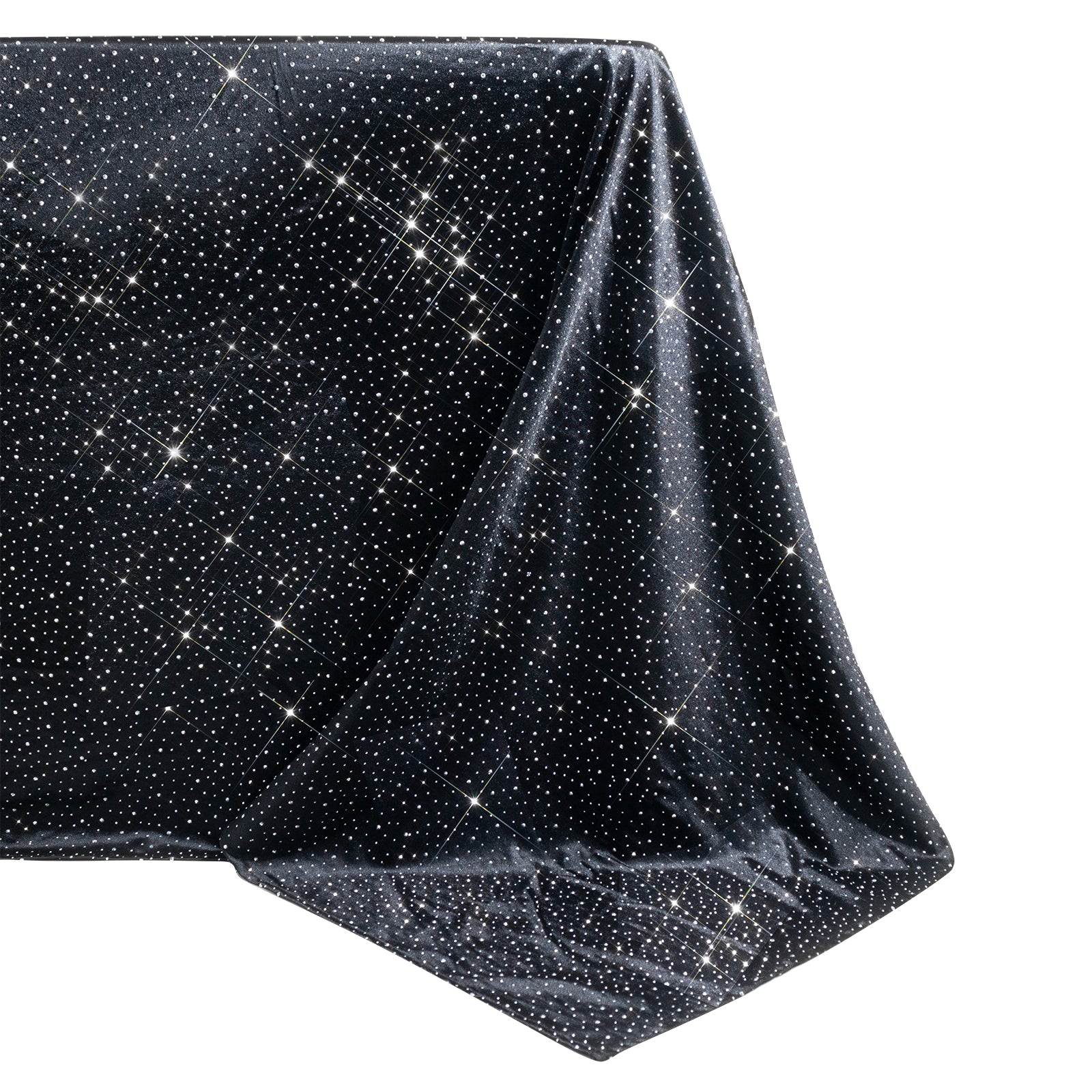 Black rectangular tablecloth with rhinestone accents, seamless and wrinkle-free.