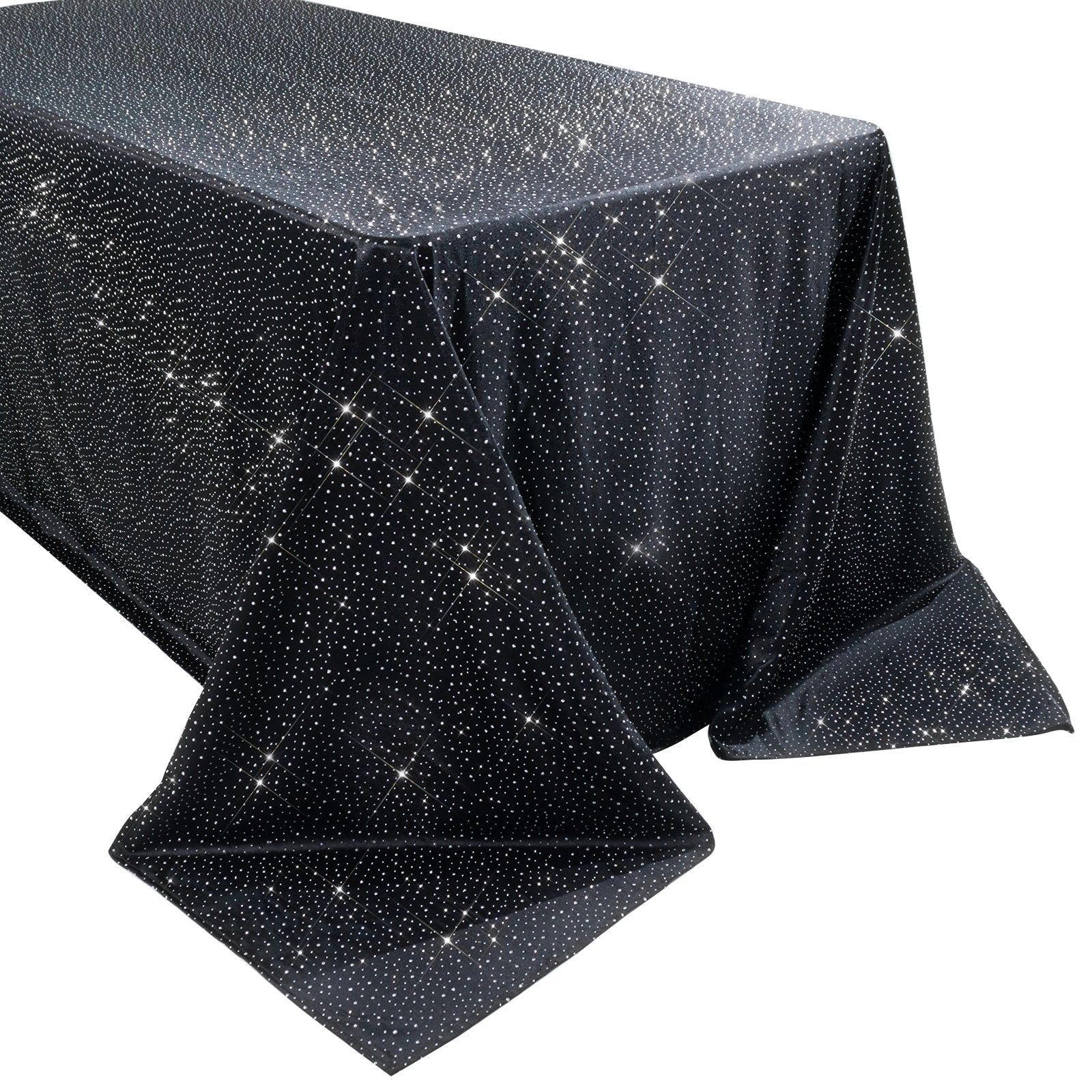 Black rectangular tablecloth with rhinestone accents, seamless and wrinkle-free.