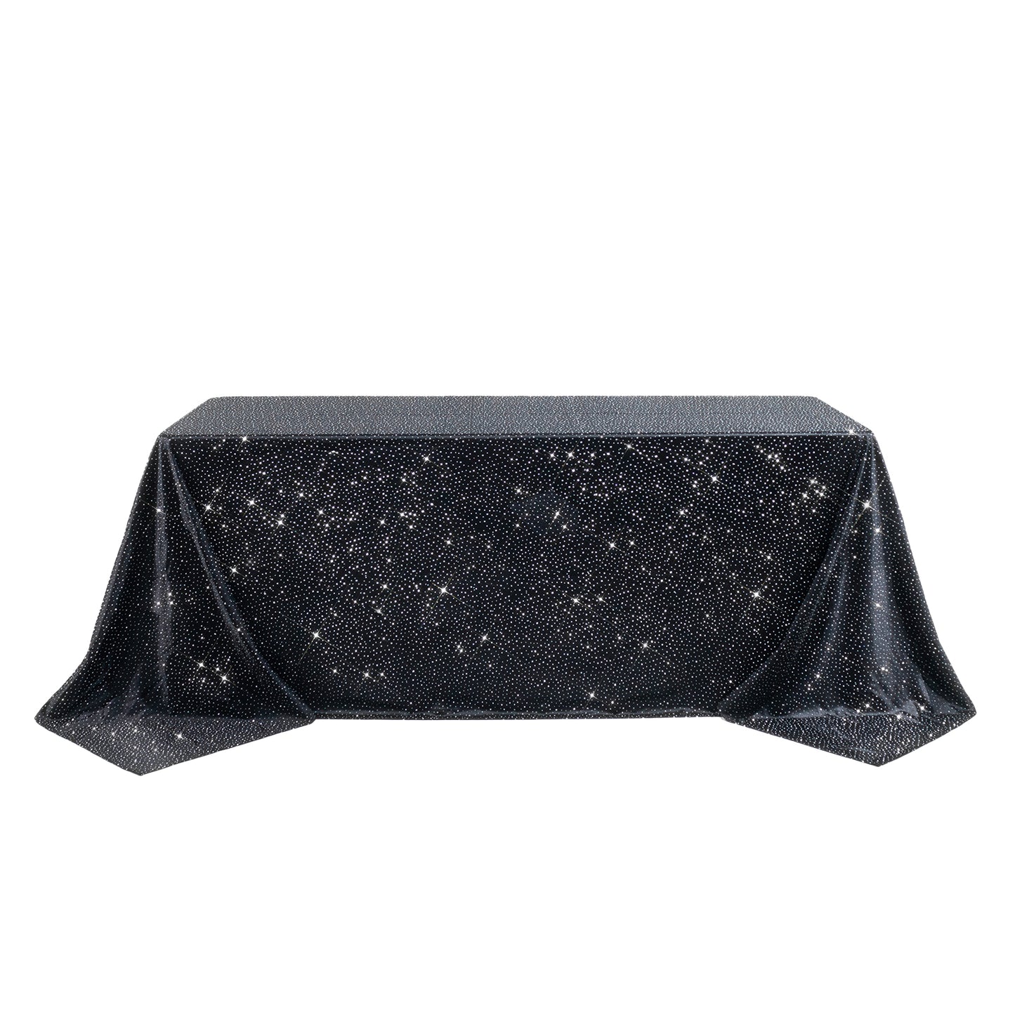 Black rectangular tablecloth with rhinestone accents, seamless and wrinkle-free.