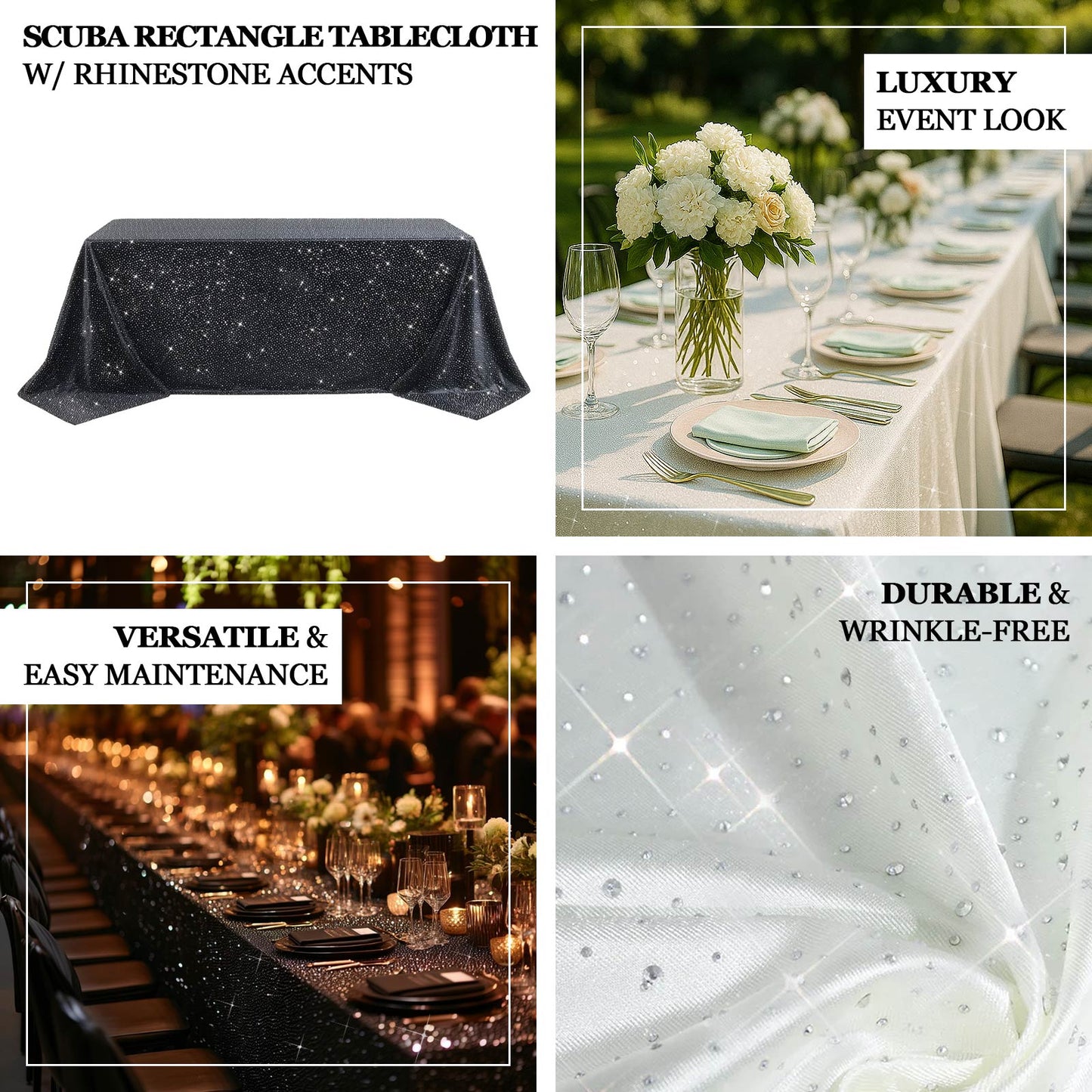 White rectangular tablecloth with rhinestone accents, seamless and wrinkle-free.