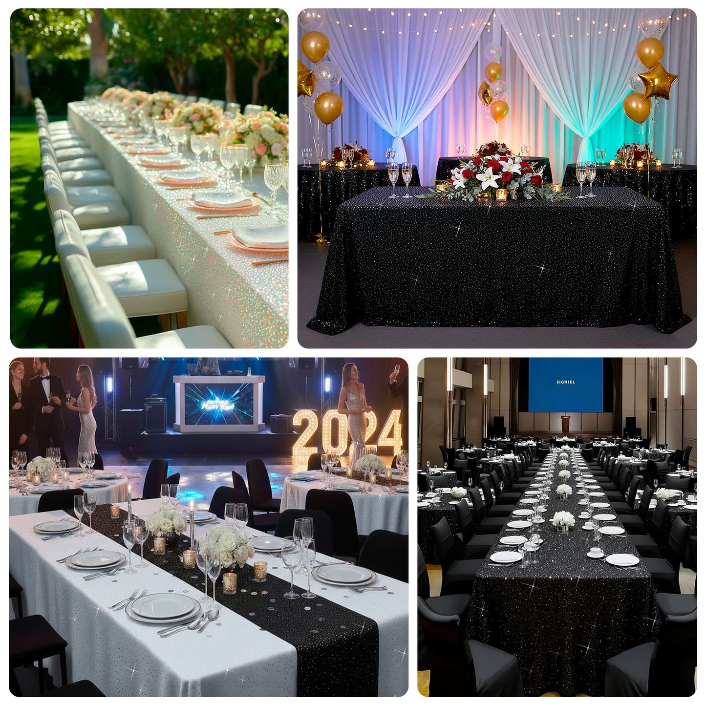 White rectangular tablecloth with rhinestone accents for events.