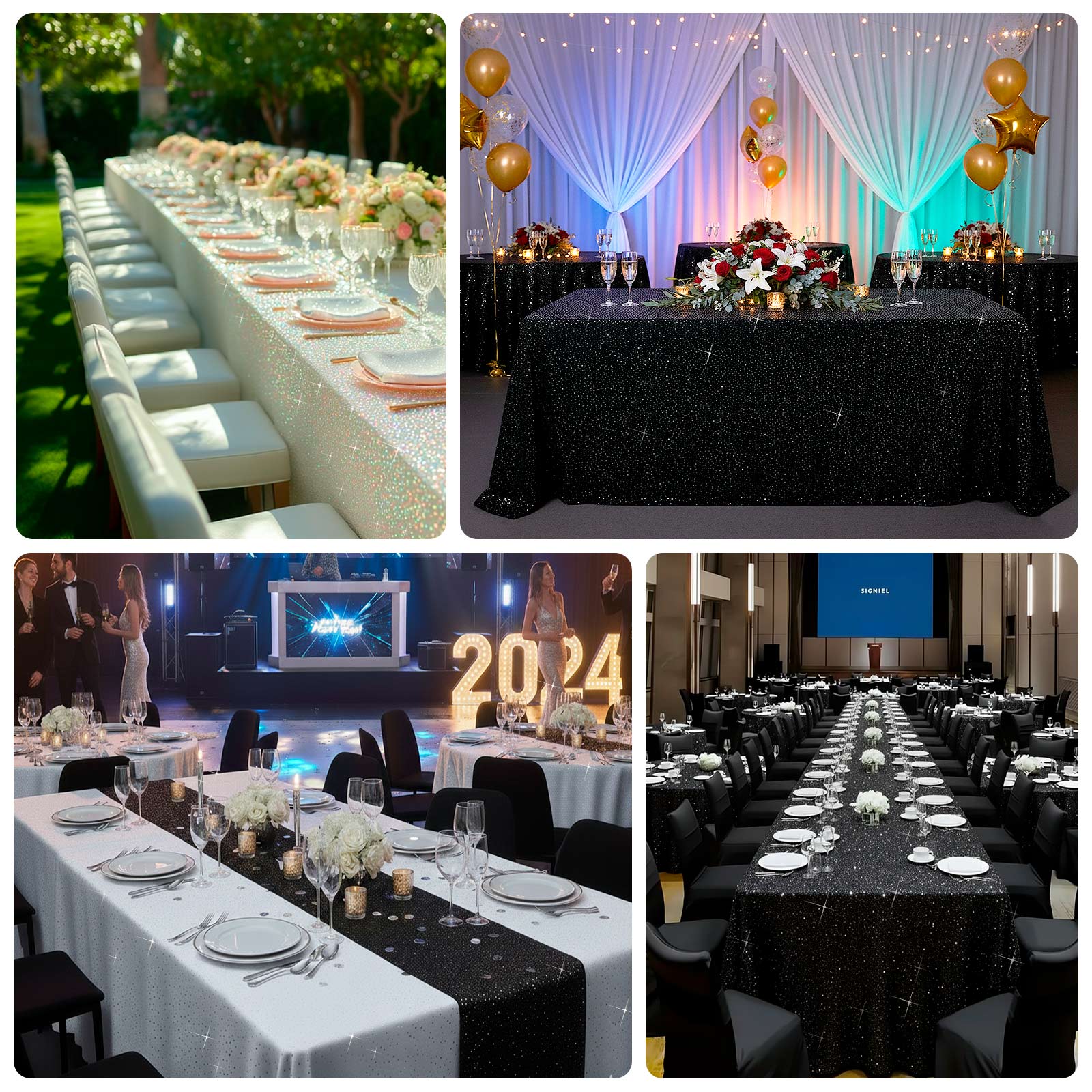 White rectangular tablecloth with rhinestone accents for events.