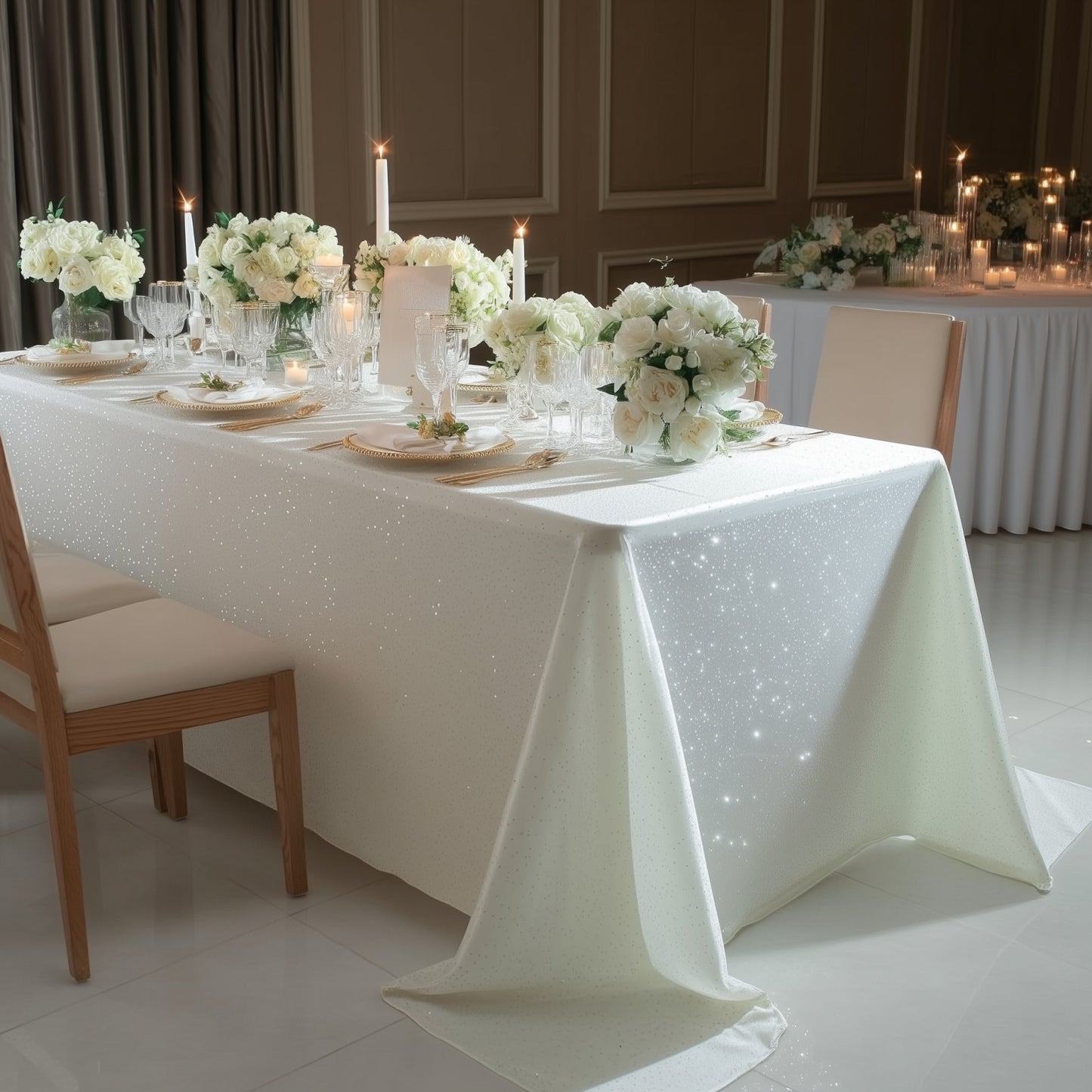 Pearl white rectangular tablecloth with rhinestone accents for elegant events.
