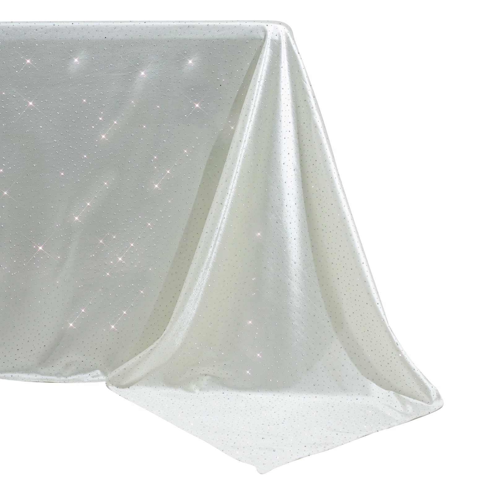 Pearl white rectangular tablecloth with rhinestone accents, wrinkle-free and stain-resistant.