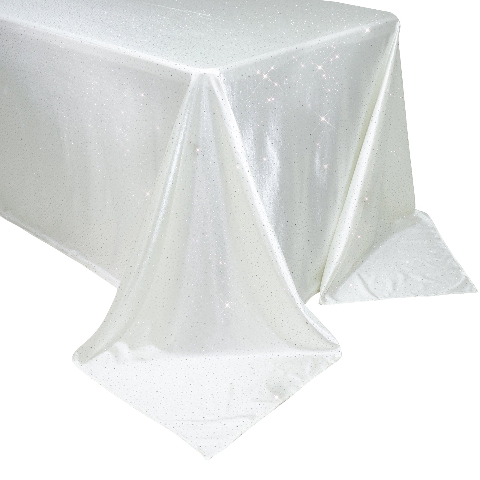 Pearl white rectangular tablecloth with rhinestone accents, wrinkle-free and stain-resistant.